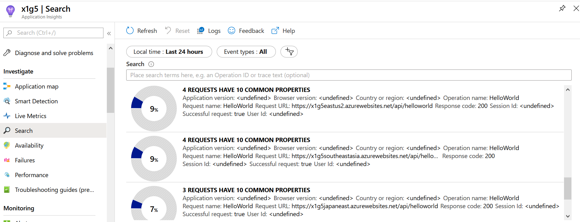 App Insights logs showing South East Asia