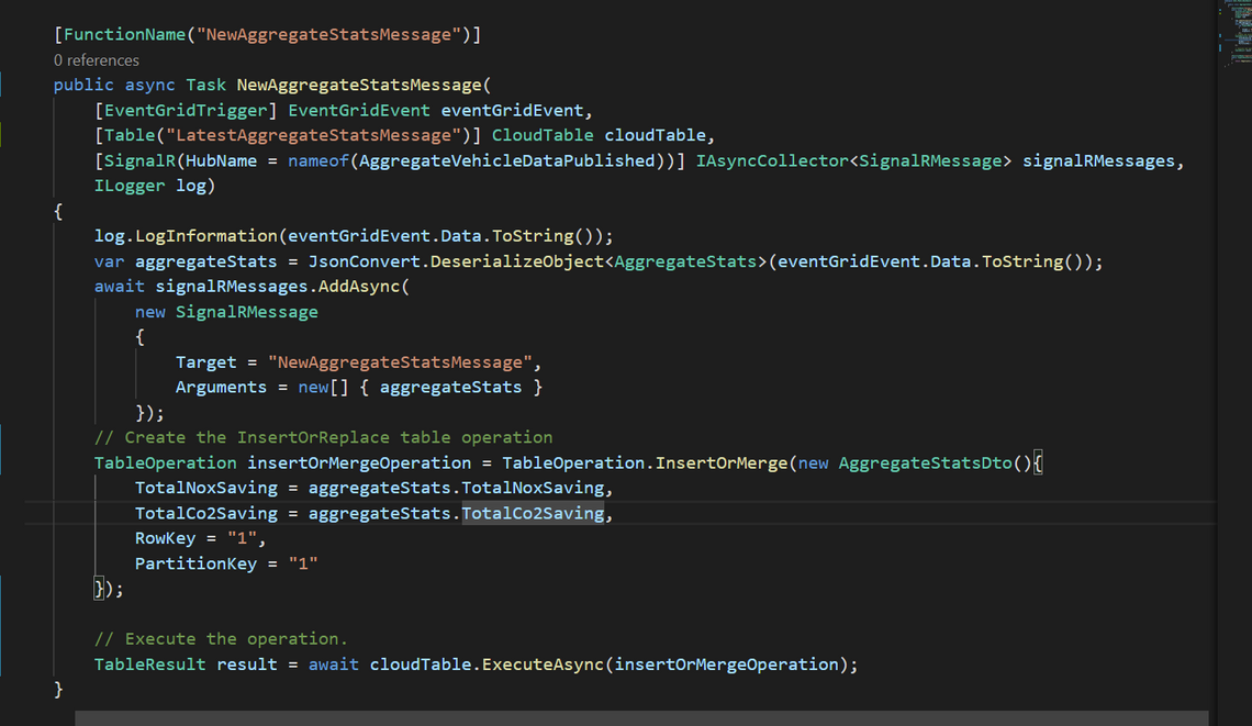 Code showing function taking in an event grid event, outputting a signalr event and returning a table value