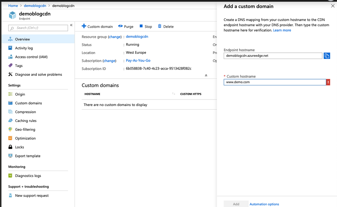 Add Custom Domain to CDN Endpoint