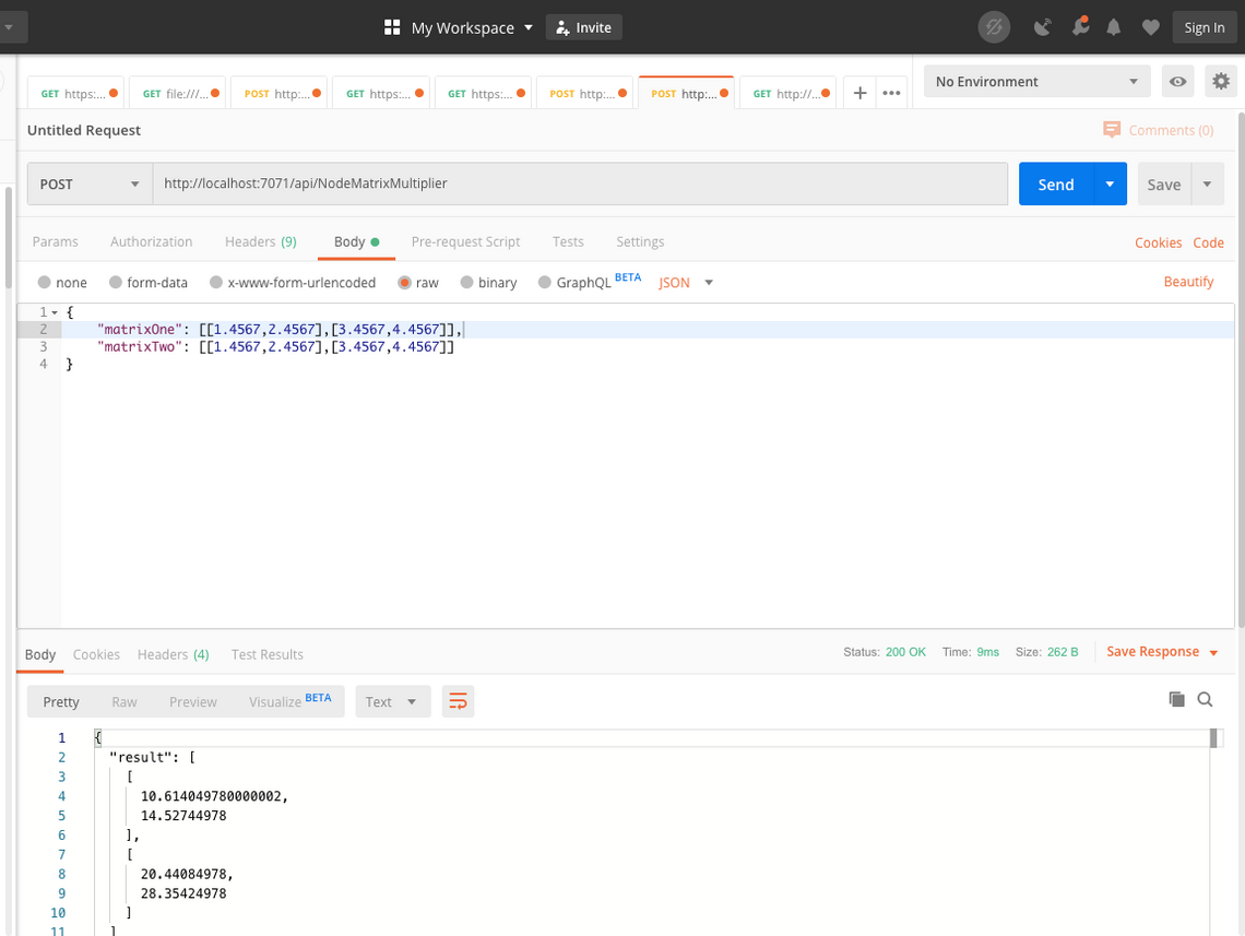 Node js small matrix multiplication result at 9 milliseconds