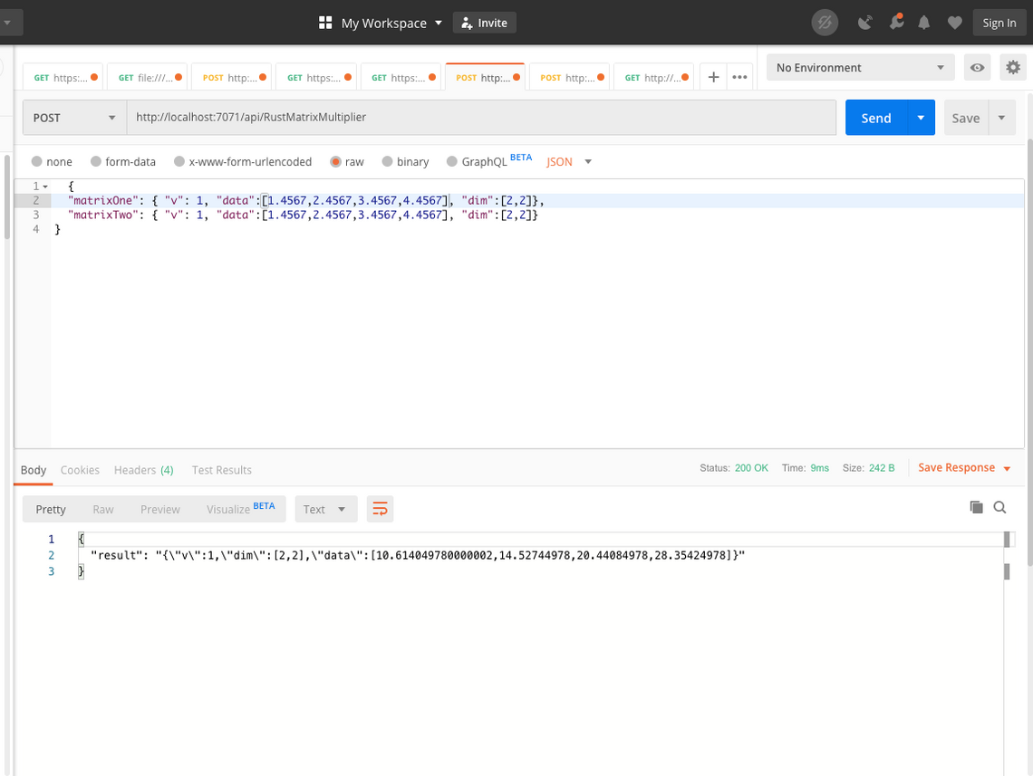 Rust small matrix multiplication result at 9 milliseconds