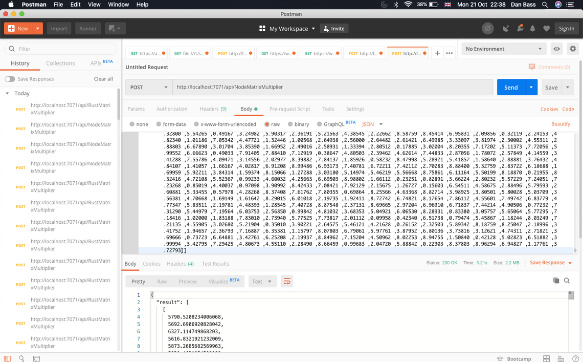 Node js large matrix multiplication speed result at 3.2 seconds