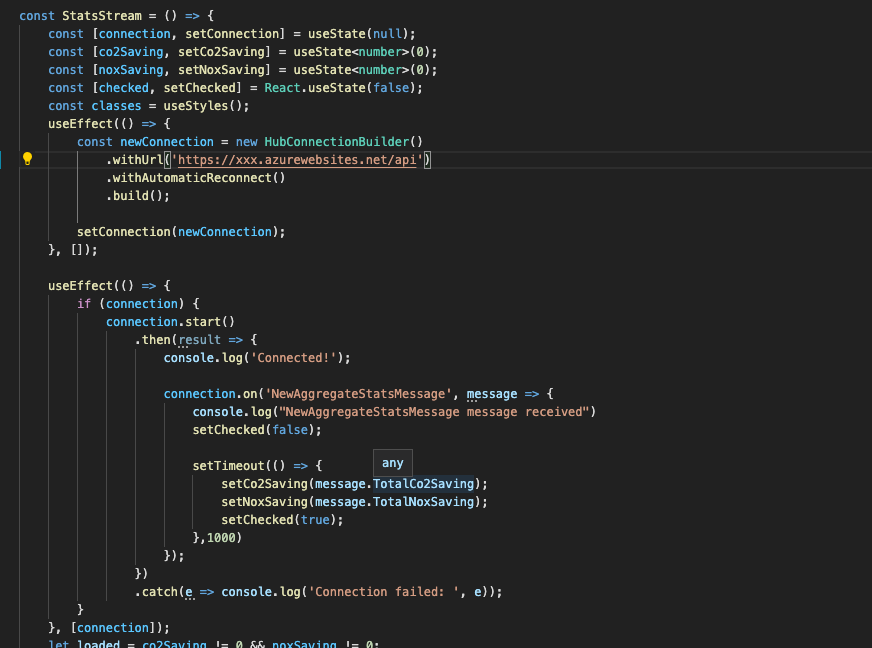 code showing connection being established to SignalR service, and registering a function to respond to NewAggregateStatsMessage events