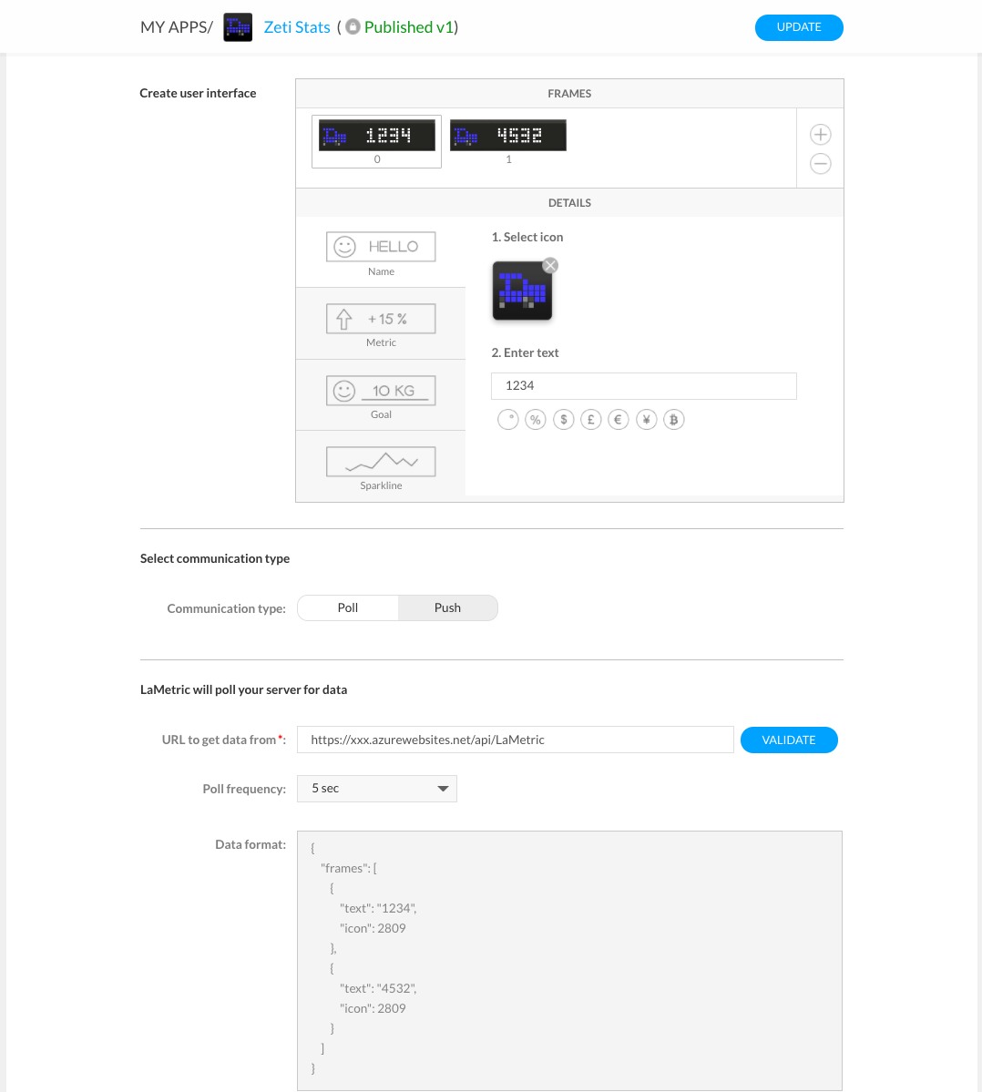 Developer portal for LaMetric showing 2 frames with the CO2 and NOX figures, a dummy address for the app to call to get the frames, a polling frequency of 5 seconds and an example of the data format