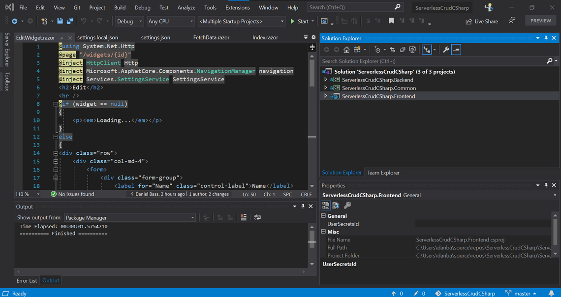 Visual Studio window showing the three projects