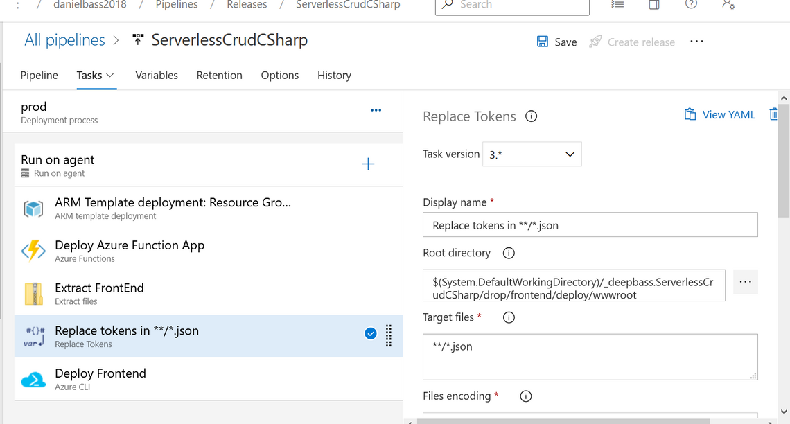 release pipeline showing arm template deployment, function app deployment, front end extraction, token replacement and front end deployment