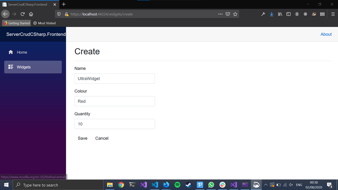 Form filled in with name = 'UltraWidget', colour = 'Red' and quantity = 10