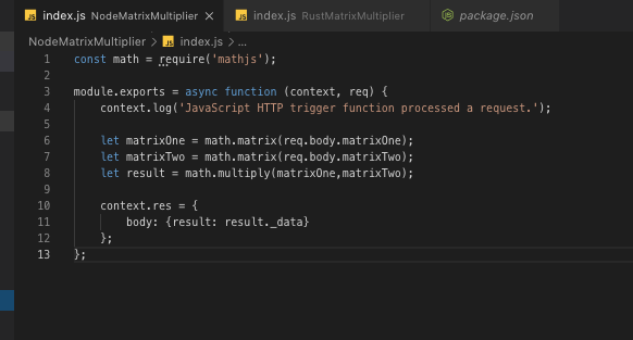 Example of Node.js Matrix Multiplication Function